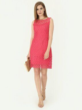 Trina Turk Eleanor Dress NWT Coral Crochet Sheath Size 12 Sleeveless Lined